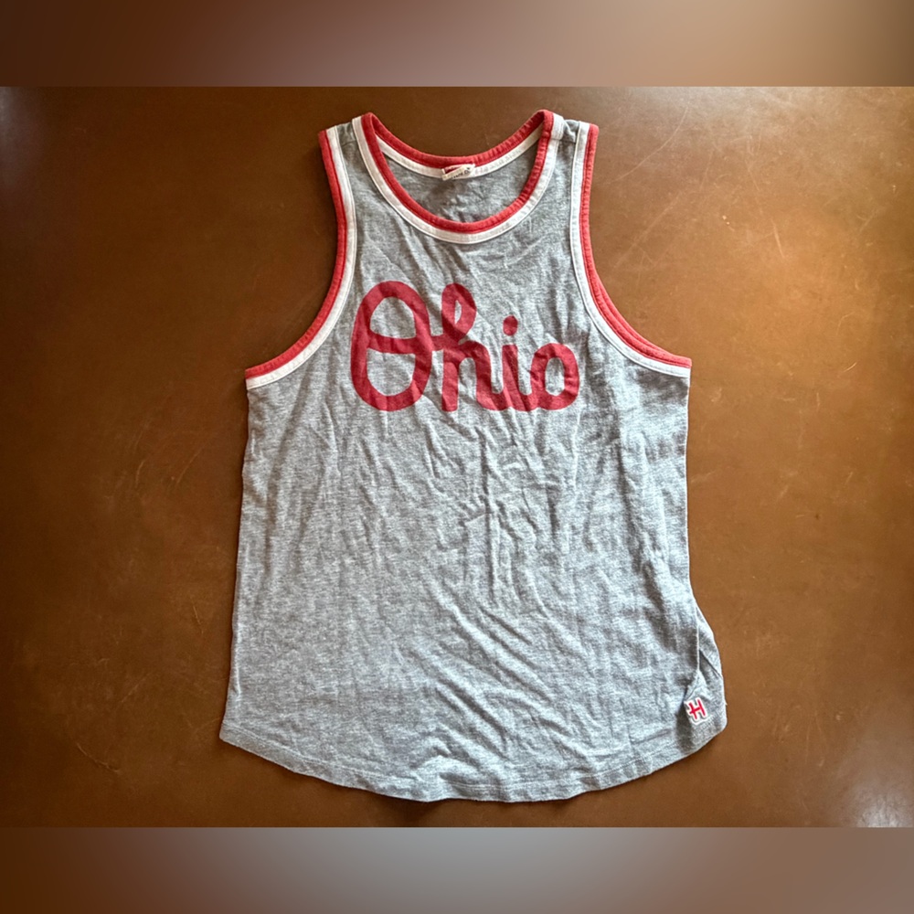 Homage Women’s Script Ohio Scarlet and Gray Racerback Tank Top